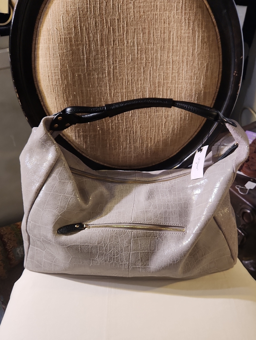 Lola Bernard Hobo Bag in Light Gray with Black Handle